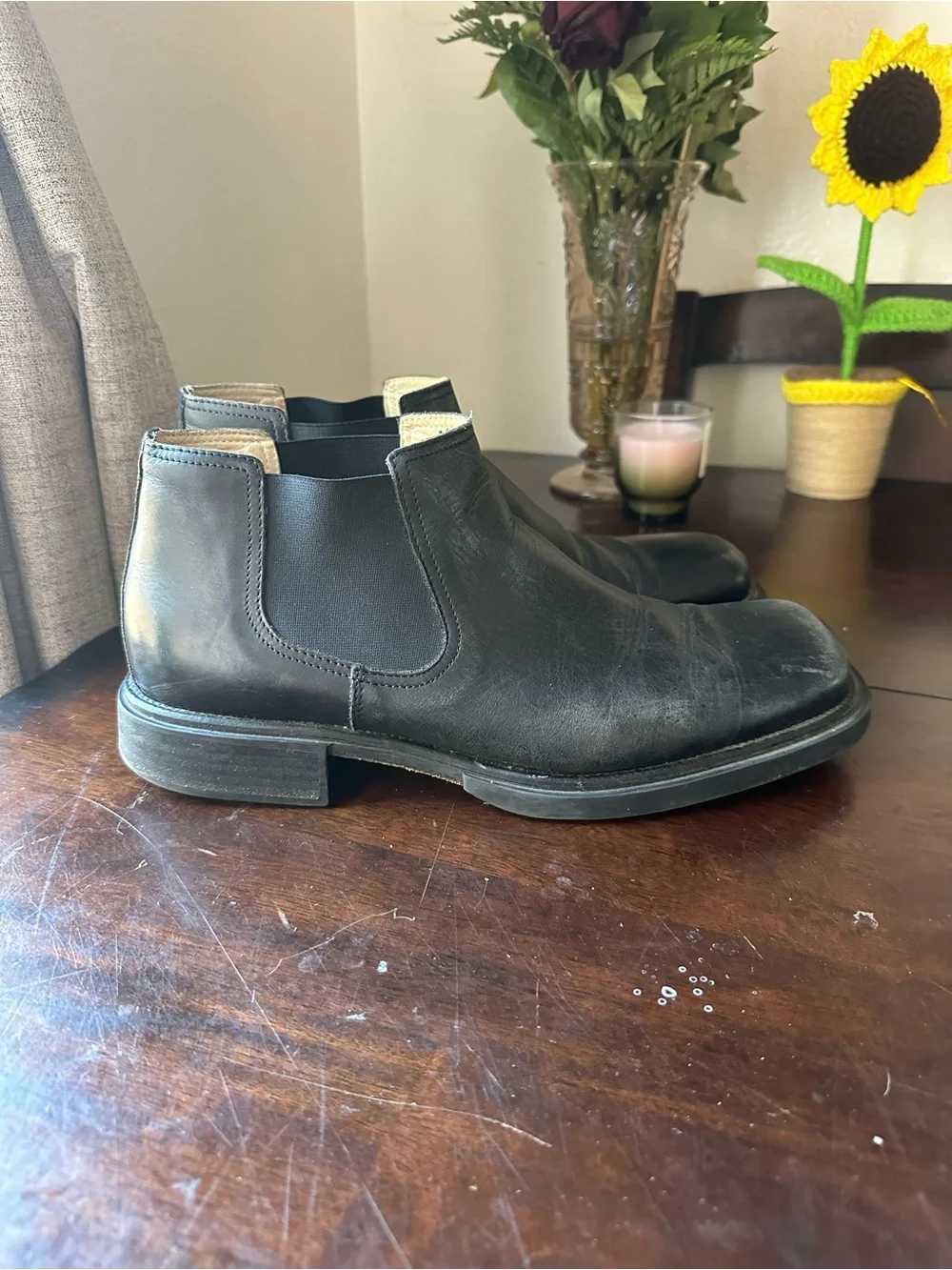Kenneth Cole Black Leather Square-Toe Chukka Boots Made In Italy